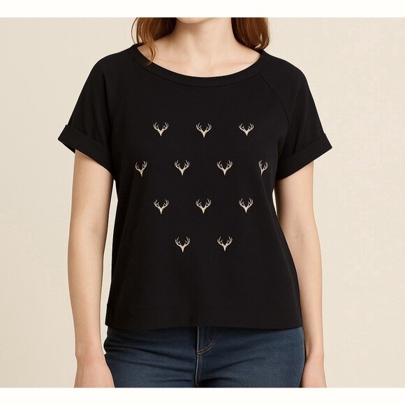 Knitted Dove Women’s Embroidered Deer Antler Top Sz Large Black Rustic Cabin - Picture 1 of 9